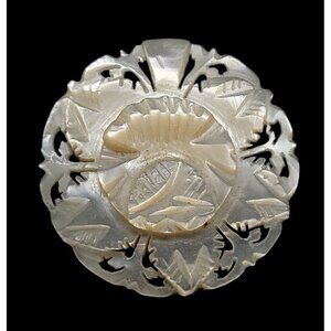 Intricate Carved Mother Of Pearl Brooch Lacy Snowflake Like Shell Vintage Pin